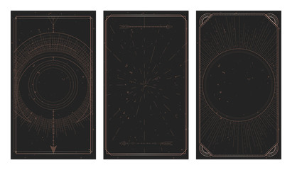Vector set of three dark backgrounds with geometric symbols, grunge textures and frames. Abstract geometric symbols and sacred mystic signs drawn in lines.