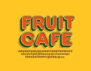 Vector trendy logotype Fruit Cafe with isometric Font. 3D bright Alphabet Letters, Numbers and Symbols