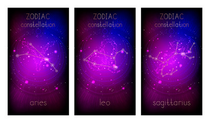 Fototapeta na wymiar Set of three banners with Signs of the Zodiac, astrological constellations and abstract geometric symbol against the starry sky. Collection of the Fire elements: Aries, Leo, Sagittarius. Vector.