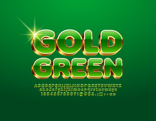Vector Gold and Green 3D Font. Elegant Alphabet set. Luxury Letters, Numbers and Symbols