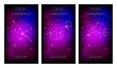 Set of three banners with Signs of the Zodiac, astrological constellations and abstract geometric symbol against the starry sky. Collection of the Water elements: cancer, scorpio, pisces. Vector .