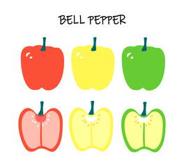 Vector illustration of capsicum - red, yellow and green bell pepper. Modern flat design. Summer print with season food.