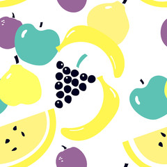 Seamless pattern with plum, apple, pear, banana, melon, grapes - seasonal fruits. Summer food can be usec for print, packing, wallpaper, menu cover.