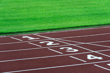 Fototapeta premium running sport tract for athlete with numbers at start white line and green grass sport stadium background