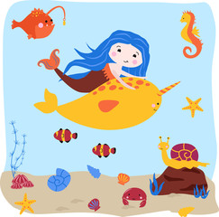 poster with mermaid and swordfish - vector illustration, eps