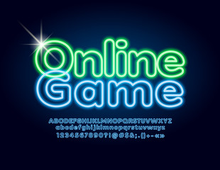 Vector neon sign Online Game with blue light Font. Glowing Alphabet Letters, Numbers and Symbols