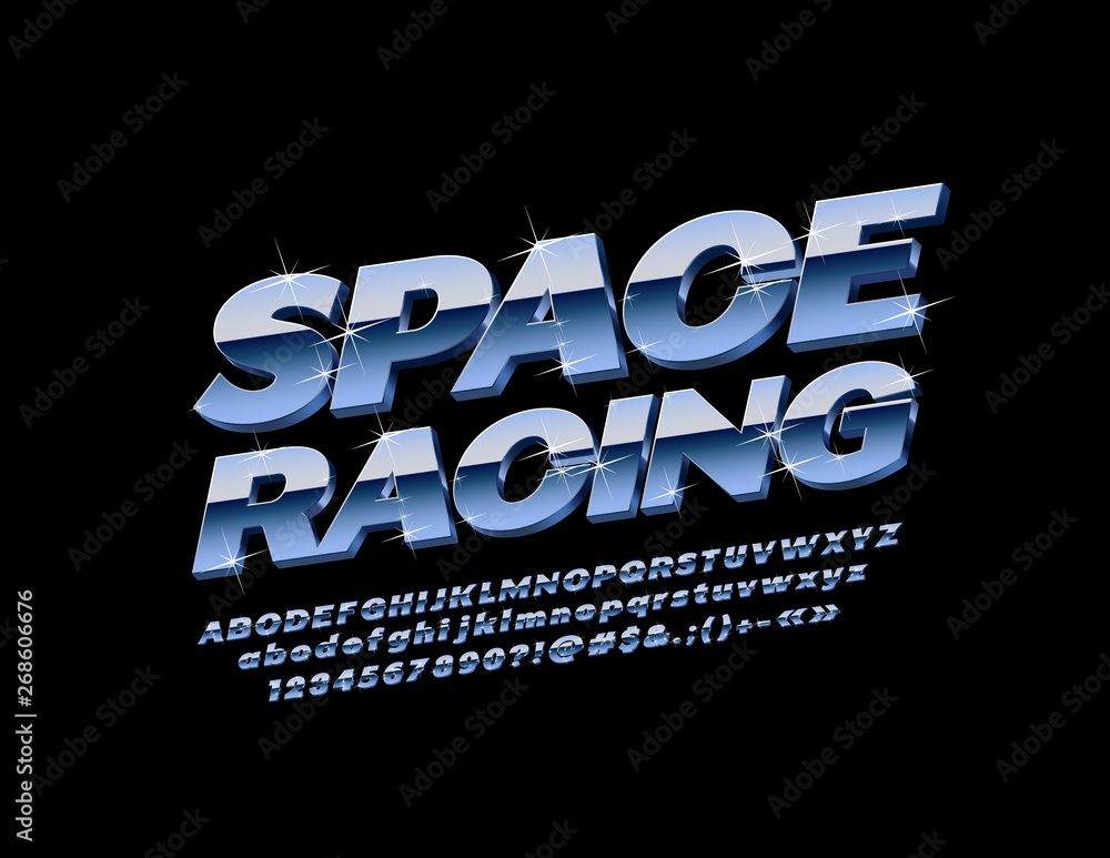 Poster vector metallic alphabet letters, numbers and symbols with sparkling stars. chrome text space racing