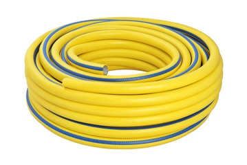 Coiled rubber garden hose isolated