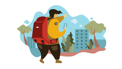 A Guy Using GPS, Vector Illustration In Isolated White Background, suitable for landing page, ui, web banners, mobile apps intro card, print, news editorial, flyer, and event graphics