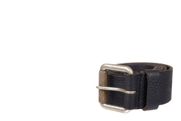 Dark leather belt with metal buckle, male accessory.