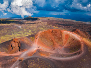 Extinct crater of volcano Etna Sicily, Italy. Panoramic aerial photo. Top view