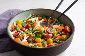 Fennel, flat green beans, cherry tomatoes, radish, carrot, cilantro, parsley, basil, hemp seeds, olive oil, balsamic vinegar salad in pottery dish. Side view, light background