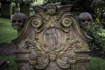 Memento mori grave on old graveyard in Edinburgh, Scotland