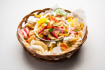 Snack pellets are non-expanded products made with raw materials like cereals, potatoes or vegetable powders, later processed using frying, hot air baking. multicoloured / shaped ready-to-eat snacks