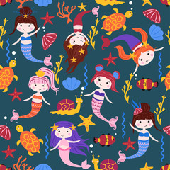 seamless pattern with mermaids and sea animals - vector illustration, eps