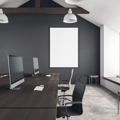 Modern coworking office with banner