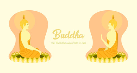 monk phra buddha left right side view sitting on lotus base for pray concentration composed release. pastel color background. vector illustration eps10