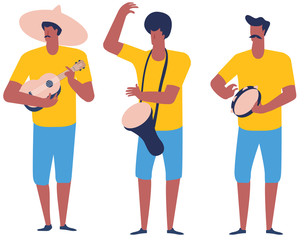 Three musicians playing on ukulele, drum and tambourine. Trio music group. Flat design illustration.