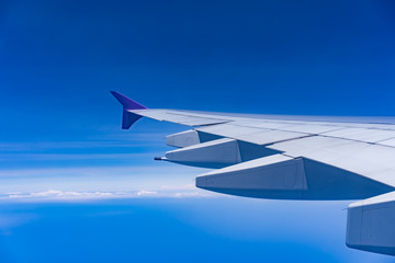 Fototapeta na wymiar Wing of airplane flying above the clouds in sky