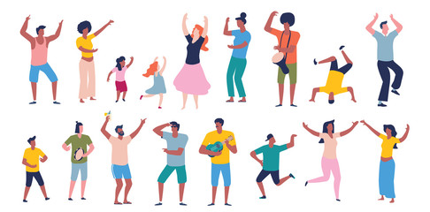 Fototapeta na wymiar Multicultural group of happy people dancing and enjoying celebration. Flat design illustration.