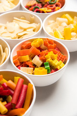 Snack pellets are non-expanded products made with raw materials like cereals, potatoes or vegetable powders, later processed using frying, hot air baking. multicoloured / shaped ready-to-eat snacks