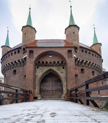 Panoramic view of the Krakow Barbican a fortified outpost - is a historic gateway leading into the Old Town of Krakow, Poland