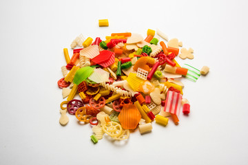 Snack pellets are non-expanded products made with raw materials like cereals, potatoes or vegetable powders, later processed using frying, hot air baking. multicoloured / shaped ready-to-eat snacks