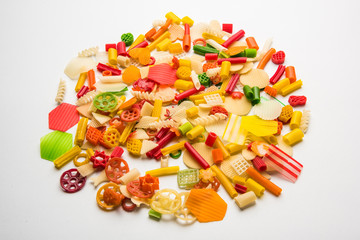 Snack pellets are non-expanded products made with raw materials like cereals, potatoes or vegetable powders, later processed using frying, hot air baking. multicoloured / shaped ready-to-eat snacks