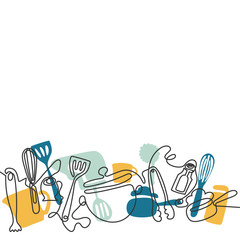 Cutlery line art background. One line drawing of different kitchen utensils. Vector
