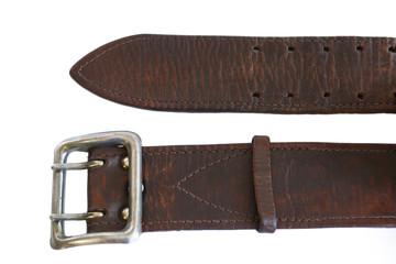 Brown leather army belt on white background. Military belt. Soldier's Trouser belt. Isolated.