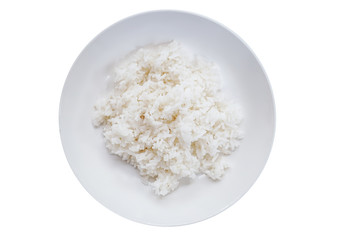 Steamed rice in white plate. isolated on white background. This image stacked with clipping path for advertising. Food and healthy concept.