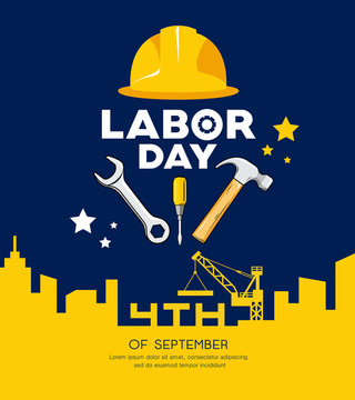 Labor day Engineer cap with wrench, hammer vector and building construction yellow and navy blue background. illustration