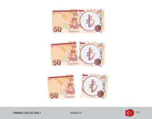 50 Turkish Lira Banknote. Ripped moneys. Flat style vector illustration. Business finance concept.