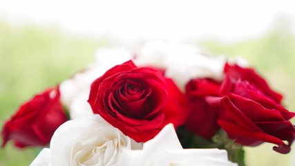 bouquet of beautiful festive flowers of red and white roses