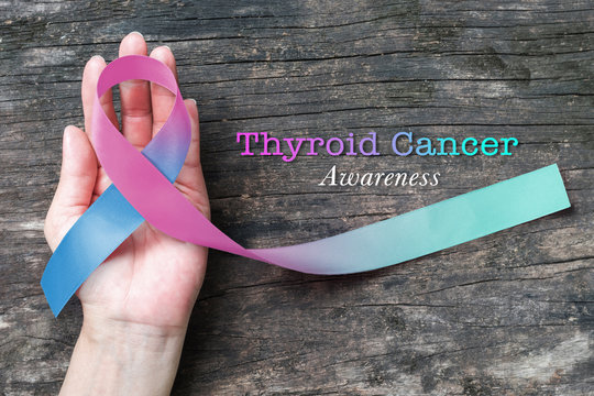 Thyroid Cancer Awareness ribbon Teal Pink Blue color ribbon (isolated with clipping path) on woman's hand support