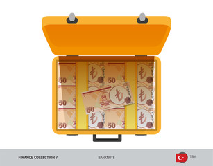 Yellow case with 50 Turkish Lira Banknotes. Flat style vector illustration. Salary payout or corruption concept.