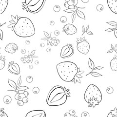 Seamless pattern of Strawberry and blue-berry outline on white background. Vector