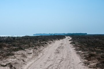 Countryside sandy road along sea beach dunes in summer day