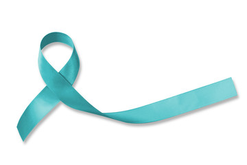 Teal ribbon awareness isolated on white (clipping path) for Ovarian Cancer, Polycystic Ovary Syndrome (PCOS) disease, Post Traumatic Stress Disorder (PTSD), Obsessive Compulsive Disorder (OCD)