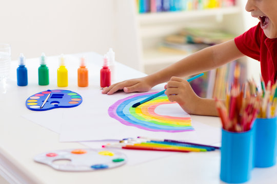 Kids Paint. Child Painting. Little Boy Drawing.