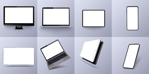 Vector minimalistic 3d isometric illustration set device. Smartphone, laptop, tablet, tv perspective view. Side and top view. Mockup generic device. Template for infographics or presentation. Vector