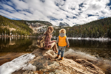 Family in Rocky mountains National park in USA