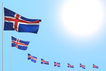 nice national holiday flag 3d illustration. - many Iceland flags placed diagonal on blue sky with place for your text