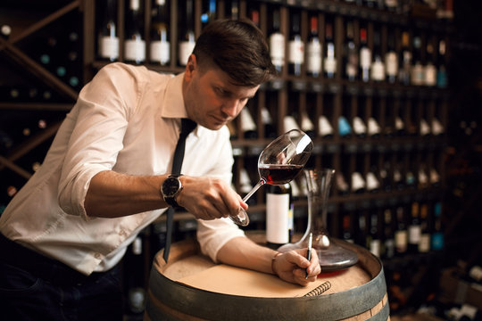 awesome female degustator checking the wine in the wine bar. bottle of different wine in the background of the photo. copy space