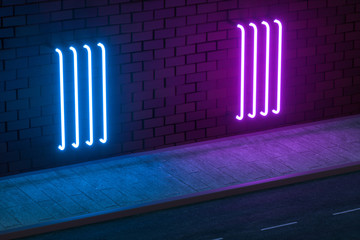 The glowing neon with brick wall background, 3d rendering.