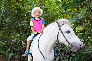 Child riding horse. Kids ride pony.