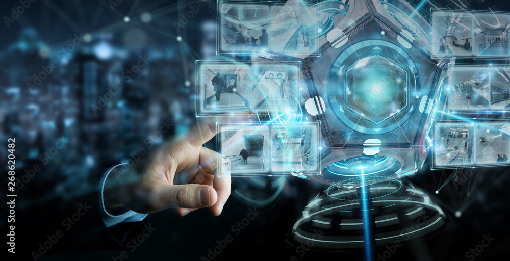 Poster businessman using futuristic drone security camera 3d rendering