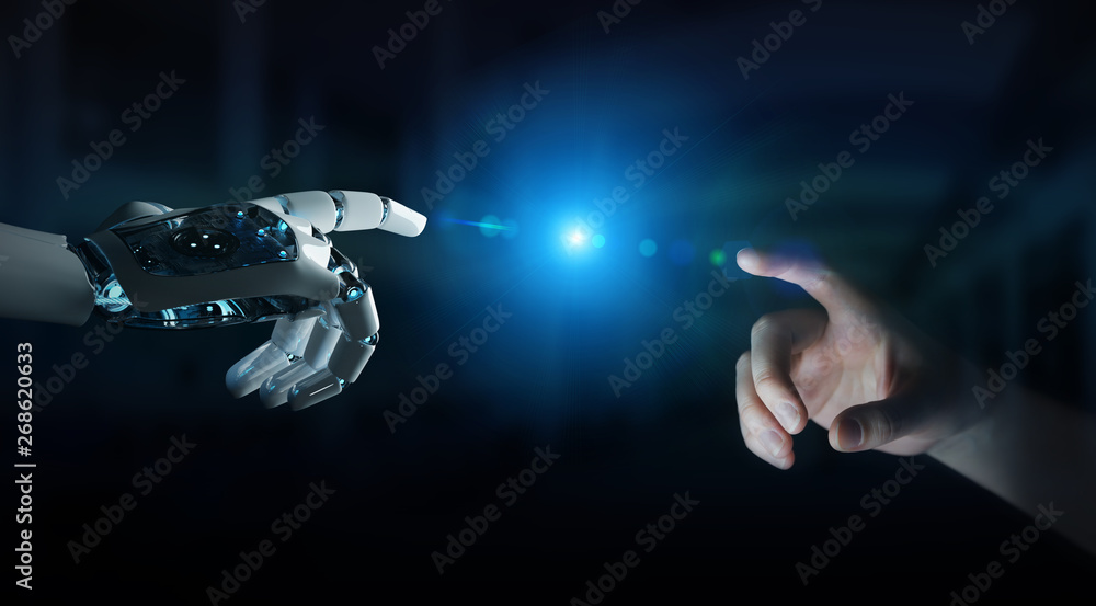 Poster robot hand making contact with human hand on dark background 3d rendering