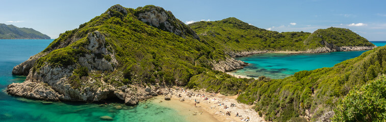 View of picturesque Afionas beach (Porto Timoni), Corfu, Greece