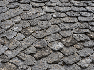 Ancient roof tiles 13th century in La Couvertoirade a French fortified town owned by Knights Templar